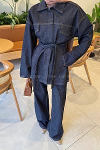 Dark Blue Shirt Collar Long Arm Denim Regular Trousers Denim Suit