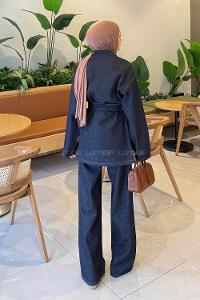 Dark Blue Shirt Collar Long Arm Denim Regular Trousers Denim Suit