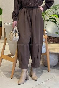 Lamelif Beli Lastikli Bağcıklı Pantolon Kahverengi