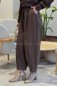 Lamelif Beli Lastikli Bağcıklı Pantolon Kahverengi