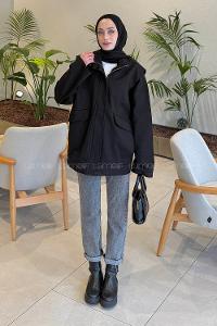 Black Neckband Long Arm Denim Jacket