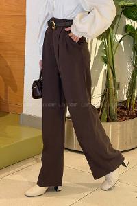 Lamelif Çift Pileli Kemerli Pantolon Acı Kahve