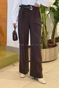 Lamelif Çift Pileli Kemerli Pantolon Acı Kahve