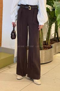 Lamelif Çift Pileli Kemerli Pantolon Acı Kahve