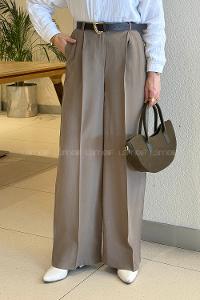 Lamelif Çift Pileli Kemerli Pantolon Haki