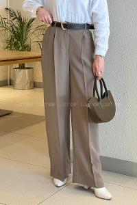 Lamelif Çift Pileli Kemerli Pantolon Haki