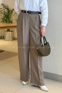 Lamelif Çift Pileli Kemerli Pantolon Haki