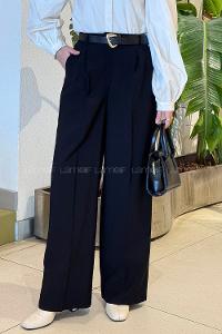 Lamelif Çift Pileli Kemerli Pantolon Siyah