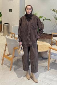 Lamelif Çizgili Modal Gömlek Acı Kahve