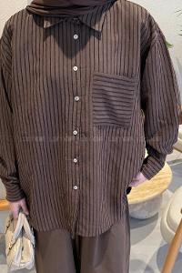 Lamelif Çizgili Modal Gömlek Acı Kahve