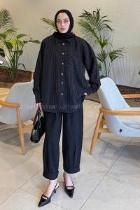 Lamelif Çizgili Modal Gömlek Siyah