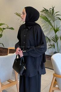Lamelif Çizgili Modal Gömlek Siyah