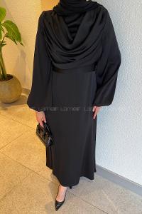 Lamelif Degaje Detaylı Balon Kol Tesettür Elbise Siyah