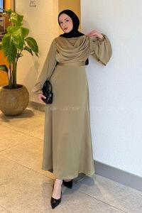 Lamelif Degaje Detaylı Balon Kol Tesettür Elbise Yağ Yeşili