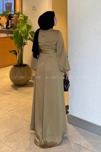 Lamelif Degaje Detaylı Balon Kol Tesettür Elbise Yağ Yeşili