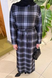 Lamelif Ekose Desen Tesettür Elbise Gri-Siyah