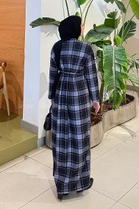 Lamelif Ekose Desen Tesettür Elbise Gri-Siyah