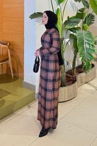 Lamelif Ekose Desen Tesettür Elbise Hardal Sarısı