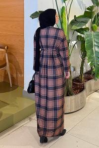 Lamelif Ekose Desen Tesettür Elbise Hardal Sarısı