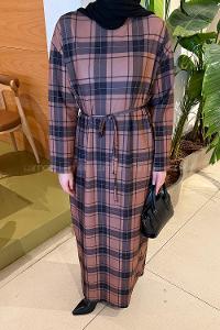 Lamelif Ekose Desen Tesettür Elbise Hardal Sarısı