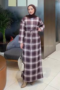 Lamelif Ekose Desen Tesettür Elbise Kahverengi-Bej