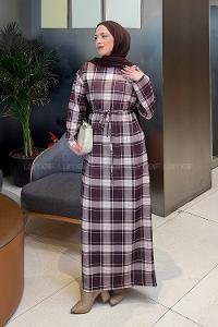 Lamelif Ekose Desen Tesettür Elbise Kahverengi-Bej