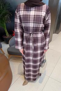 Lamelif Ekose Desen Tesettür Elbise Kahverengi-Bej