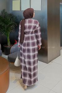 Lamelif Ekose Desen Tesettür Elbise Kahverengi-Bej