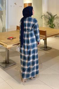 Lamelif Ekose Desen Tesettür Elbise Petrol Mavisi