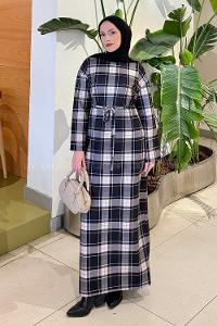 Lamelif Ekose Desen Tesettür Elbise Siyah-Vizonrengi