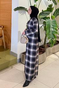 Lamelif Ekose Desen Tesettür Elbise Siyah-Vizonrengi