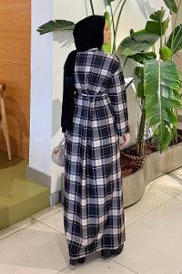 Lamelif Ekose Desen Tesettür Elbise Siyah-Vizonrengi