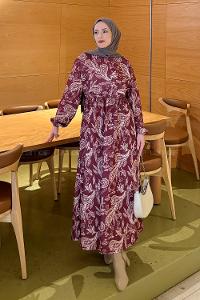 Lamelif Etnik Desen Tesettür Elbise Bordo