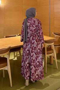 Lamelif Etnik Desen Tesettür Elbise Bordo