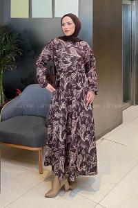 Lamelif Etnik Desen Tesettür Elbise Kahverengi-Bej