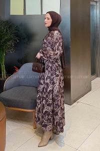 Lamelif Etnik Desen Tesettür Elbise Kahverengi-Bej