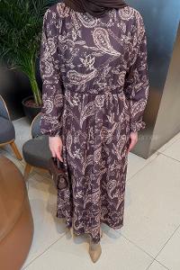Lamelif Etnik Desen Tesettür Elbise Kahverengi-Bej
