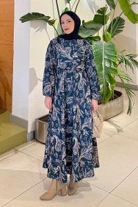 Lamelif Etnik Desen Tesettür Elbise Petrol Mavisi