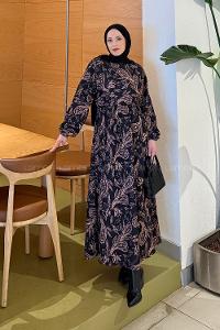 Lamelif Etnik Desen Tesettür Elbise Siyah-Kahverengi