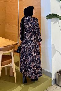 Lamelif Etnik Desen Tesettür Elbise Siyah-Kahverengi