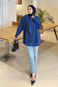 Navy Blue Foulard Neck Long Arm Cotton Polyester Shirt