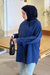 Navy Blue Foulard Neck Long Arm Cotton Polyester Shirt