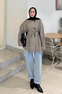 Khaki Crew Neck Long Arm Viscose Fabric Jacket