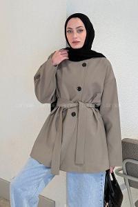 Khaki Crew Neck Long Arm Viscose Fabric Jacket