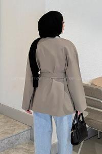 Khaki Crew Neck Long Arm Viscose Fabric Jacket
