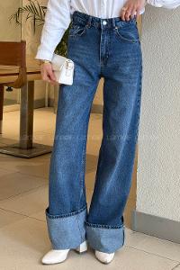 Lamelif Kıvrık Paça Jean Koyu Mavi Eskitme