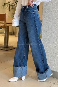 Lamelif Kıvrık Paça Jean Koyu Mavi Eskitme