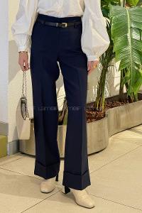 Lamelif Paçası Katlı Yüksek Bel Pantolon Lacivert