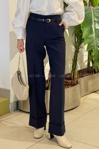 Lamelif Paçası Katlı Yüksek Bel Pantolon Lacivert