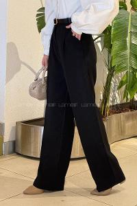 Lamelif Pileli Palazzo Pantolon Siyah